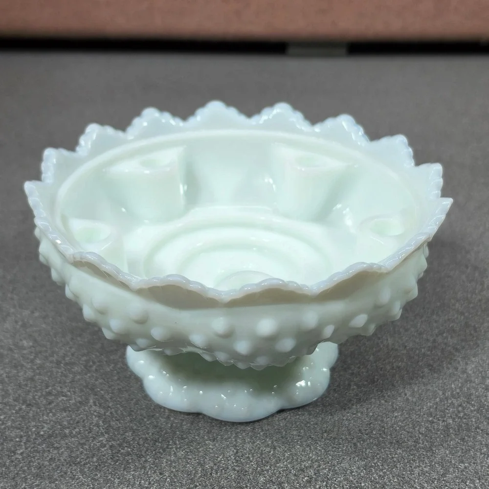 Fenton Hobnail Candle Bowl White Milk Glass Scalloped Rim Vintage Centerpiece